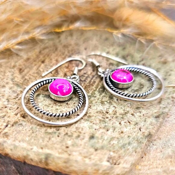 Hot Pink Stone Double Loops 925 Earring - Picture 4 of 10